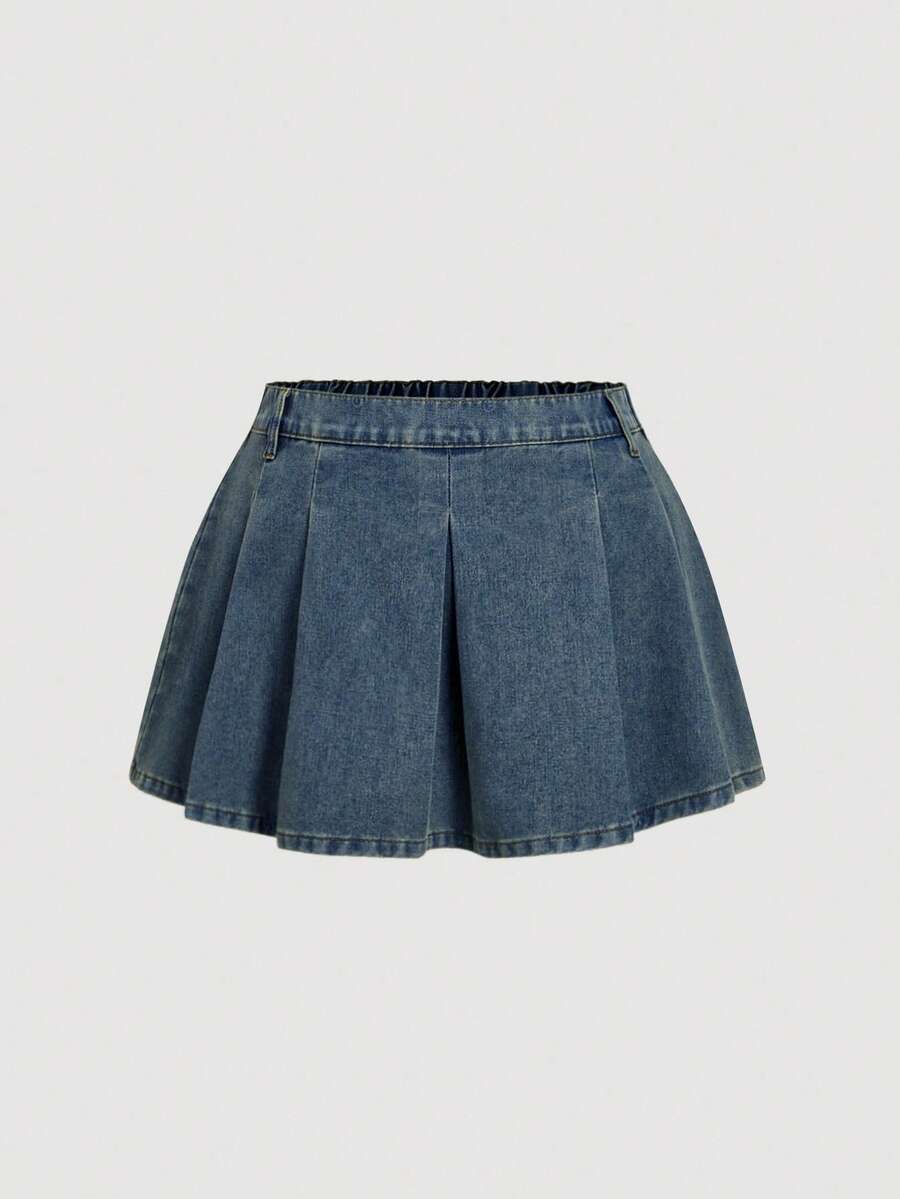 SHEIN MOD Plus Size Denim Mini Skirt Low Waist A-Line Pleated Blue Fall Outfit For Women - Dark Wash - View 1