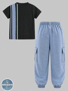 2pcs Set Striped & King Print Black And Blue Contrast Color Versatile Fashionable Comfortable Crew Neck Short Sleeve T-Shirt And Black Jogger Cargo Pants Outfit Suitable For All Seasons - Multicolor - View 4