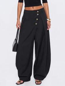 Avantive Women's Autumn/Winter Solid Color Button Front Casual Curved Leg Trousers - Black - View 6