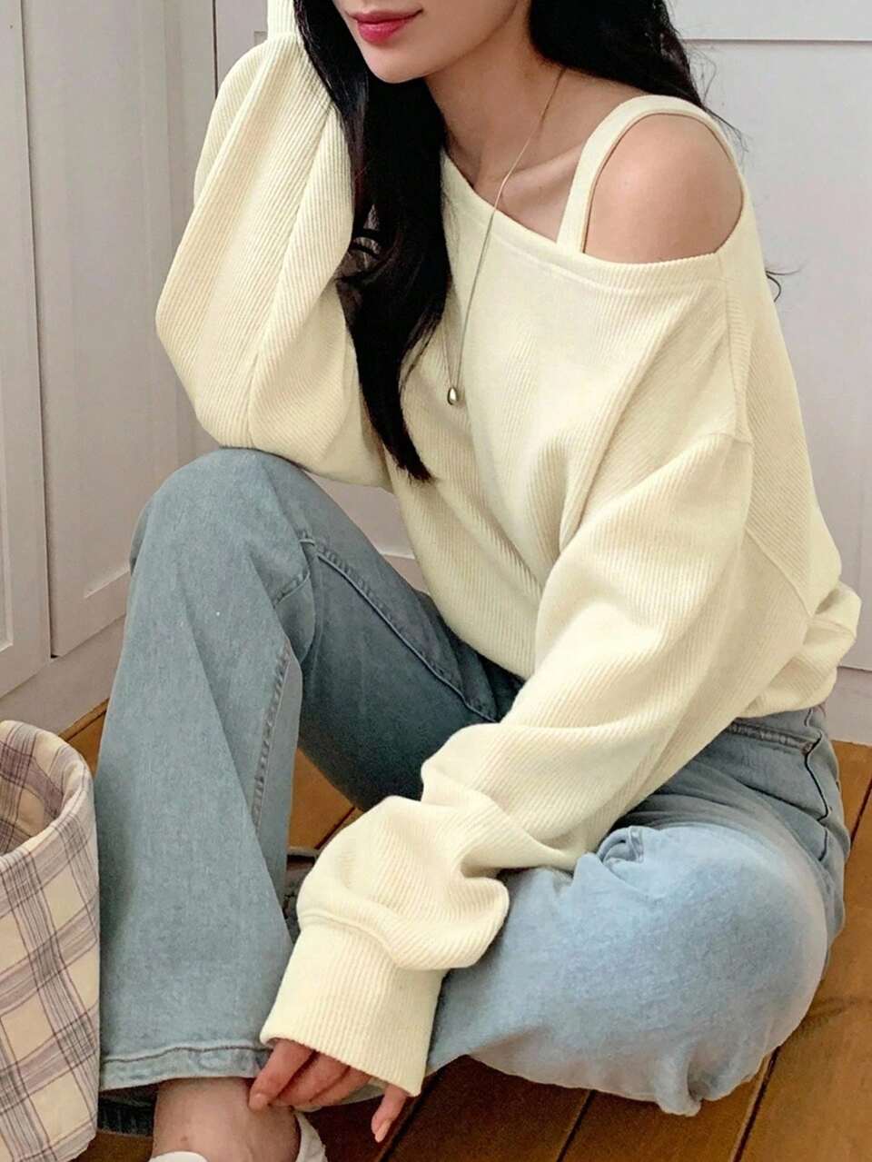 Teen Girl Autumn Casual Solid Color Asymmetric Collar T-Shirt