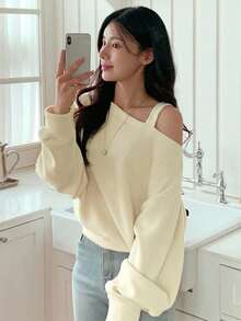 Dazy Kids Teen Girl Autumn Casual Solid Color Asymmetric Collar T-Shirt - Apricot - View 4