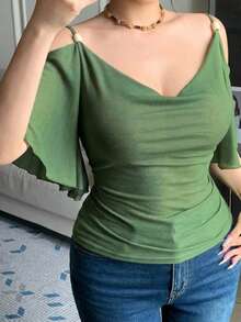 REIGN AVE Summer Green Beaded Batwing Sleeve Wedding Banquet Fashion Party Slim Fit Elegant Short Sleeve T-Shirt - Fresh Green - View 5