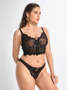 Slumbrini 2pcs Plus Size Elegant Sexy Lace Lingerie Set, Lift Gothic Lingerie Set Lace Bra Set Black Lace Bra Set - Black - View 1