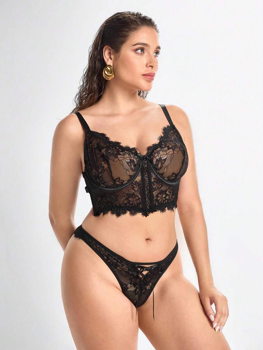 Slumbrini 2pcs Plus Size Elegant Sexy Lace Lingerie Set, Lift Gothic Lingerie Set Lace Bra Set Black Lace Bra Set - Black - View 1
