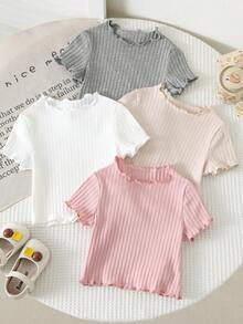 SHEIN LMoss Kids 4件裝少女夏季可愛羅紋純色荷葉邊短袖上衣，夏季上衣 - 彩色 - 查看 2