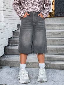 SHEIN Tween Girl Bermuda Loose Grey Washed Casual Distressed Hem Denim Long Shorts With Raw Hem, Casual Fashionable Frayed Wide Leg Denim Shorts, Summer Boho Beach Vacation Concert Rave - Light Grey - View 5