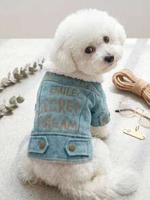 PETSIN 1件刺繡字母寵物藍色毛絨加厚外套，適用於低溫寒冷天氣的貓狗衣服 - 藍色 - 查看 2