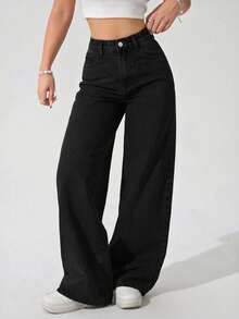 Stretch Baggy Jeans With 5 Bags - Black - View 1