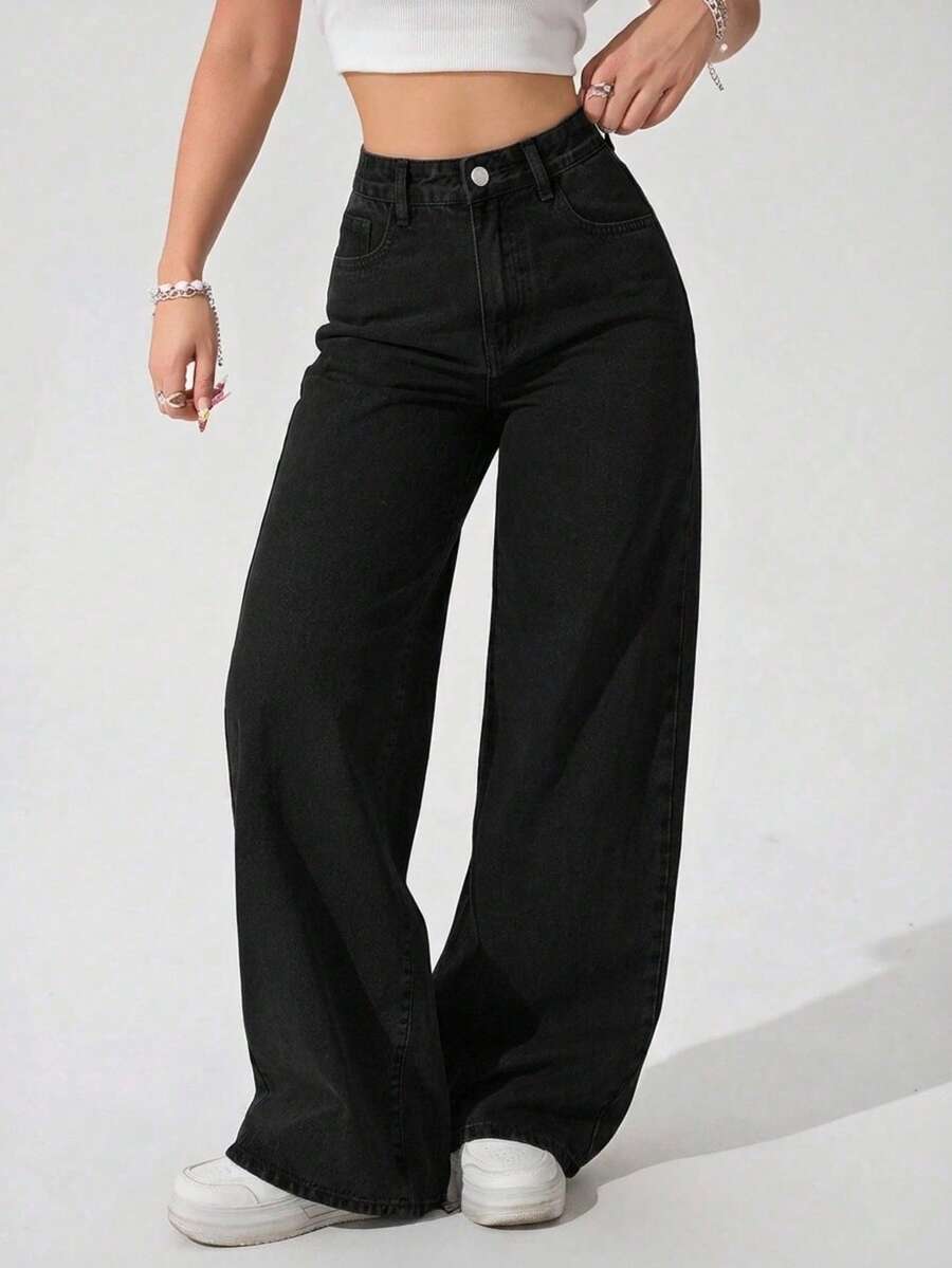 Stretch Baggy Jeans With 5 Bags - Black - View 1