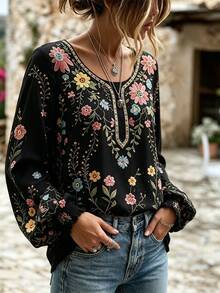Selamara Floral Print Lantern Sleeve Casual Loose Fit Top - Black - View 5