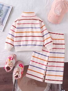 SHEIN Vintaside Kids 女嬰 2 件套，時尚可愛彩色條紋花卉仿刺繡效果印花立領拉鍊長袖運動衫外套上衣，彩色條紋花卉印花寬腿褲，柔軟面料，適合外出，秋冬季 - 彩色 - 查看 2