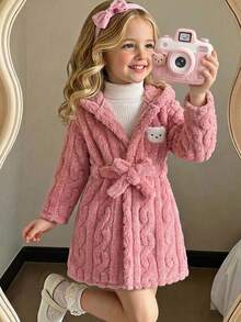 SHEIN 女童少女心形圖案保暖內裡厚絨連帽長袖抽繩家居浴袍 秋冬睡衣 粉色可愛 - 彩色 - 查看 3