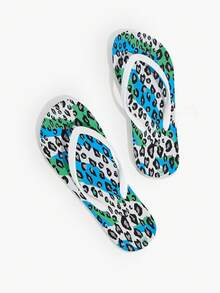 Grefit Blue-Green Contrasting Leopard Print Flip-Flops Female Summer - Blue and White - View 2