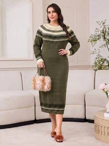 Modelyn Plus Size Casual Knit Dress For Autumn/Winter - Army Green - View 6