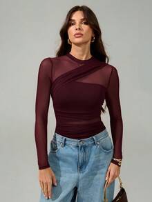 SHEIN Tall 女款栗棕色連身衣，透視網紗長袖，抓皺設計，半高領，適合雞尾酒會、浪漫約會或冬季疊穿 - 紫紅色 - 查看 4