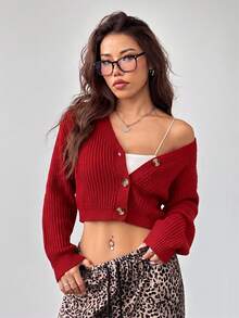 SHEIN PETITE 白色燈籠袖前開扣羅紋針織開襟衫，秋冬露肩毛衣 - 酒紅色 - 查看 4