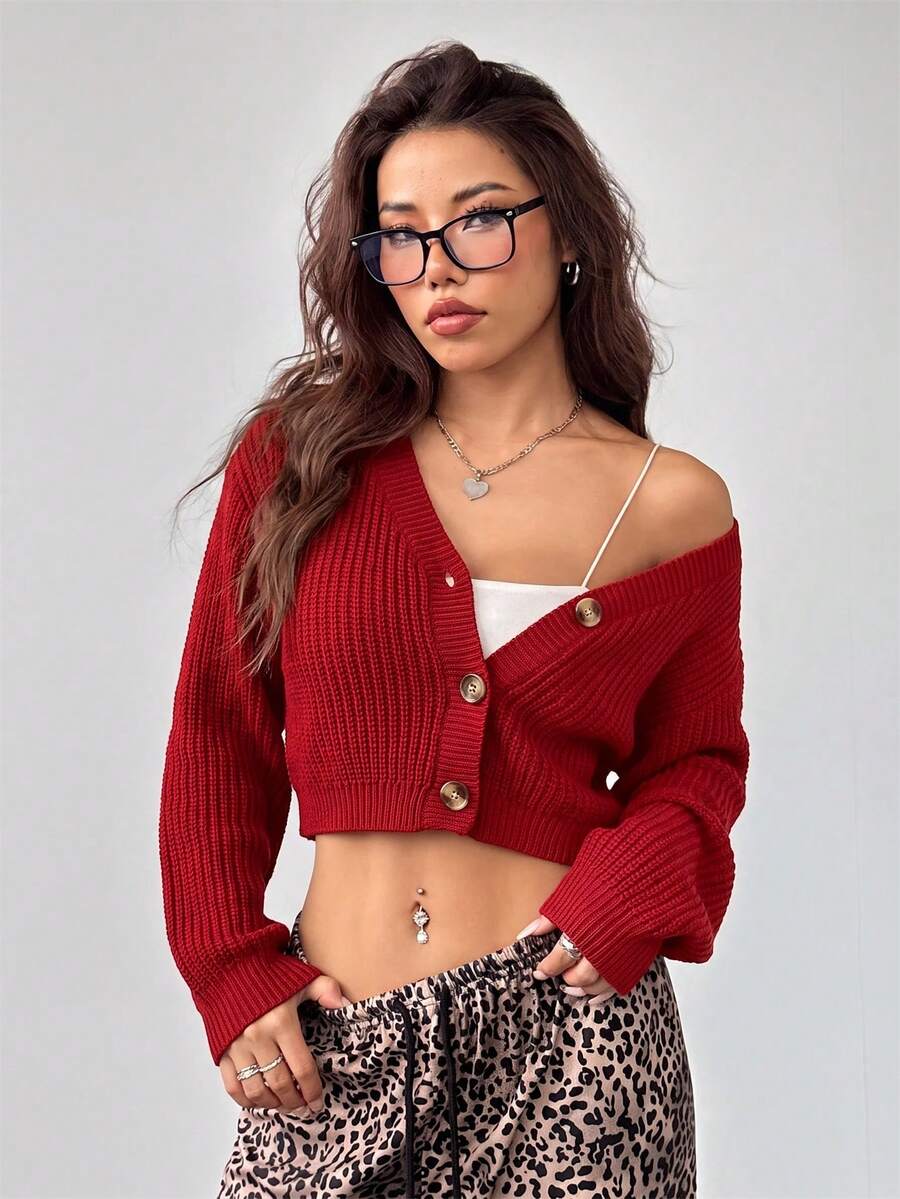 SHEIN PETITE 深紅色燈籠袖前開鈕扣羅紋針織開襟衫,露肩毛衣,秋季日常休閒款 - 酒紅色 - 查看 1