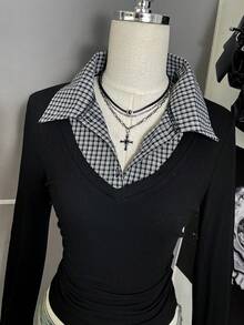 Attitoon Women's Korean Style Plaid Patchwork 2 In 1 Button Shirt Streetwear - Black - View 4
