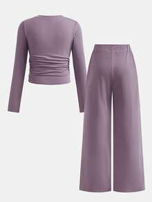SHEIN طقم ملابس كاجوال محبوك من قطعتين للفتيات المراهقات باللون الوردي والبنفسجي، ناعم ومريح، متعدد الاستخدامات للارتداء اليومي - وردي - مشاهدة 2