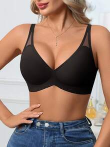 1 buah Bra Tanpa Jahitan dan Tanpa Kawat untuk Wanita, Bra V-Neck dengan Cup Cetak Lembut dan Nyaman, Warna Polos, Berongga, dan Berbahan Jelly, dengan Dukungan Lembut dan Warna Solid. - Hitam - View 7