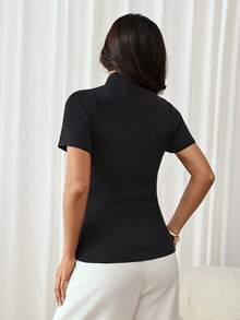 SHEIN PETITE Chinese Style Elegant Fashion Knitted Women's Top, Frog Button Decor, Versatile Black Summer Style - Black - View 2