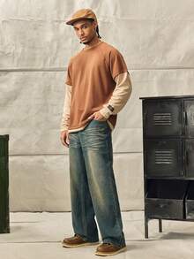Norleigh Men's Vintage Washed Wide Leg Loose Straight Jeans, American Retro Streetwear Y2K Style Denim Pants, Suitable Gift For Boyfriend, Husband Fall - Dark Wash - View 5
