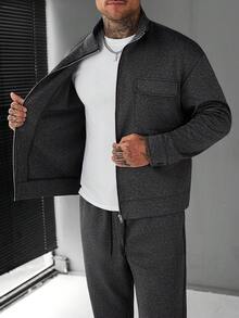 Manfinity Homme 男士休閒口袋拉鍊長袖夾克與抽繩腰工裝褲套裝，男士運動套裝，男士休閒套裝，男士服裝套裝 - 灰色 - 查看 5