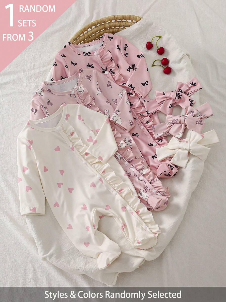 3套隨機發送1套,2件裝新生女嬰居家服,可愛愛心蝴蝶結兔子印花,荷葉邊長袖連身包屁衣附髮帶 - 彩色 - 查看 1