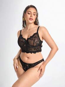 Slumbrini 2pcs Plus Size Elegant Sexy Lace Lingerie Set, Lift Gothic Lingerie Set Lace Bra Set Black Lace Bra Set - Black - View 5