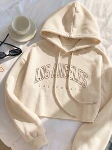 Comfortcana 字母圖案落肩短版抽繩連帽衛衣，秋冬長袖上衣 - 杏色 - 查看 7