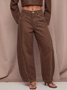 SHEIN BAE Women's Beaded Decor Curved Leg Jeans - Brown - View 1
