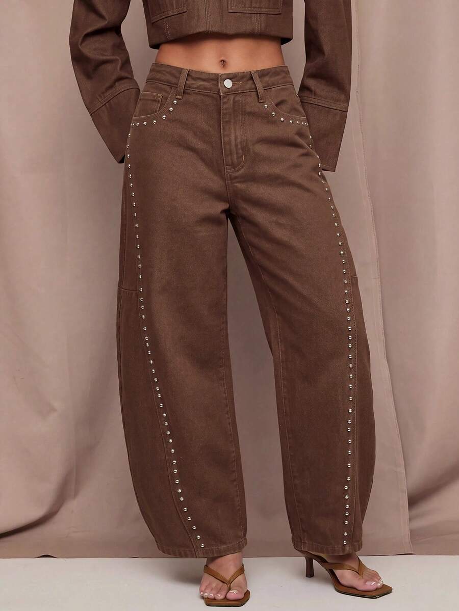 SHEIN BAE Women's Beaded Decor Curved Leg Jeans - Brown - View 1