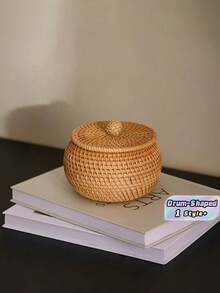 1PC Small Woven Natural Japanese Style Drum Shape Storage Box With Lid Durable Lightweight Stackable Dustproof Versatile For Bedside Table Living Room Tea Table Home Office Organizer Decor - View 1