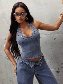 Denimoi Studded Denim Halter Sexy Tops Fashion Tops Washed Denim Top Lace Up Back GNO Clubwear Concert - Light Wash - View 4