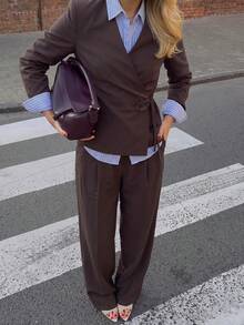 Siren Gaze Chic Two-Piece Suit Set For Women Featuring A Belted V-Neck Jacket And Straight-Leg Wide-Leg Trousers-Versatile For Office, Casual Teachers' Day - Brown - View 7