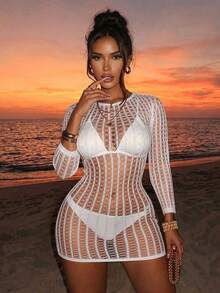 SHEIN Swim 夏季单件女式白色长袖镂空紧身海滩泳衣罩衫 - 白色 - 查看 4