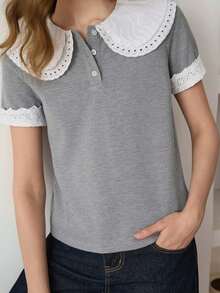 DAZY Women's French Embroidery Hollow Button Half-Placket T-Shirt School White Summer Cute Preppy Casual - Grey - View 6