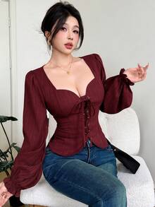 Feyla 女款優雅性感通勤外穿約會之夜夜生活交叉綁帶襯衫酒紅色秋季 - 酒紅色 - 查看 3