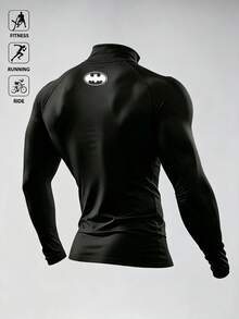 BATMAN X SHEIN 男士蝙蝠印花修身長袖運動T恤 - 黑色 - 查看 2