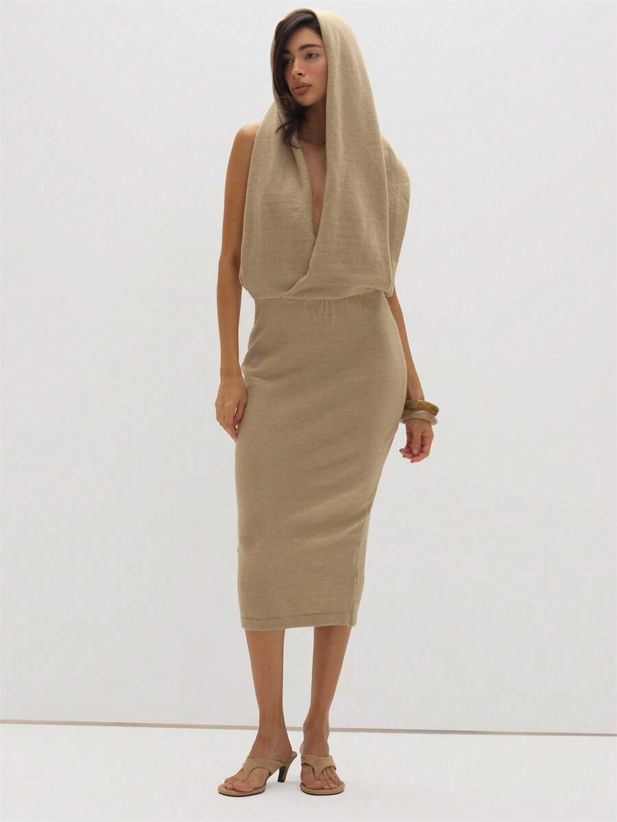 MUSEYN Gaun Sweater Midi Tanpa Punggung Berkerudung Ukuran Besar Warna Taupe - Light Grey - View 1