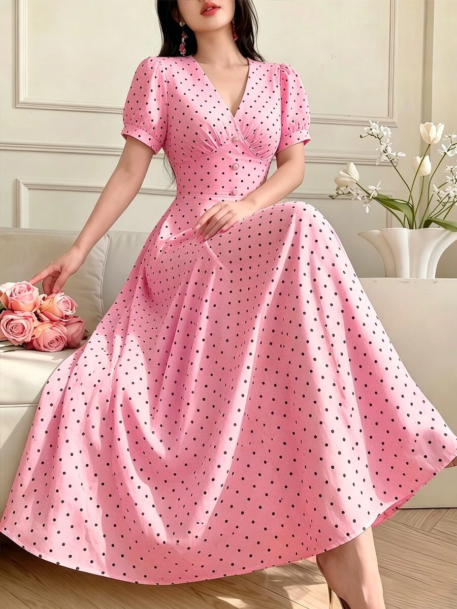 Celisse Women's Fashion Versatile Polka Dot Print Criss-Cross Pleated Button Dress - Baby Pink - View 1