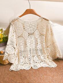 CosyJoli Plus Size Water-Soluble Lace Knit Tie-Front Cardigan Fall/Winter - Apricot - View 3
