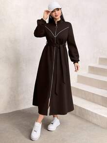 Graceveil Women's Autumn And Winter Outfit Simple Daily Solid Color Stand Collar Front Zipper Lantern Sleeves With Belt Long Abaya Robe Dress - Coffee Brown - View 8