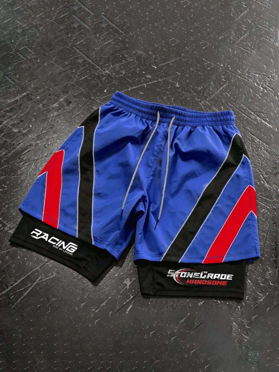 Gym Rark Men's Casual Striped Colorblock Drawstring Waist Double Layer Sports Shorts, Gym - Black - View 1