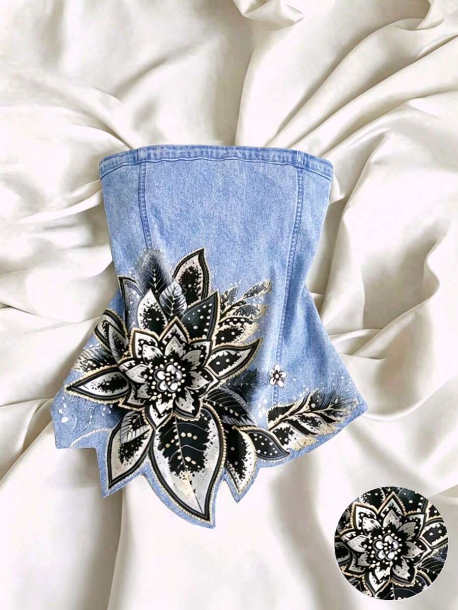SHEIN Franclia 女款法式 Y2K 90年代風奢華藍色碎花抹胸修身顯身材不對稱短版上衣,適合夏季外出 - 藍色 - 查看 1