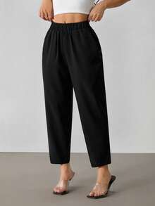 SHEIN PETITE Women Casual Commuter Plain Color Tapered Pants ,Petite Women - Black - View 6