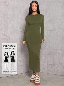 SHEIN PETITE Solid Color Pleated Waist Black Long Sleeve Dress ,Petite Women - Army Green - View 1
