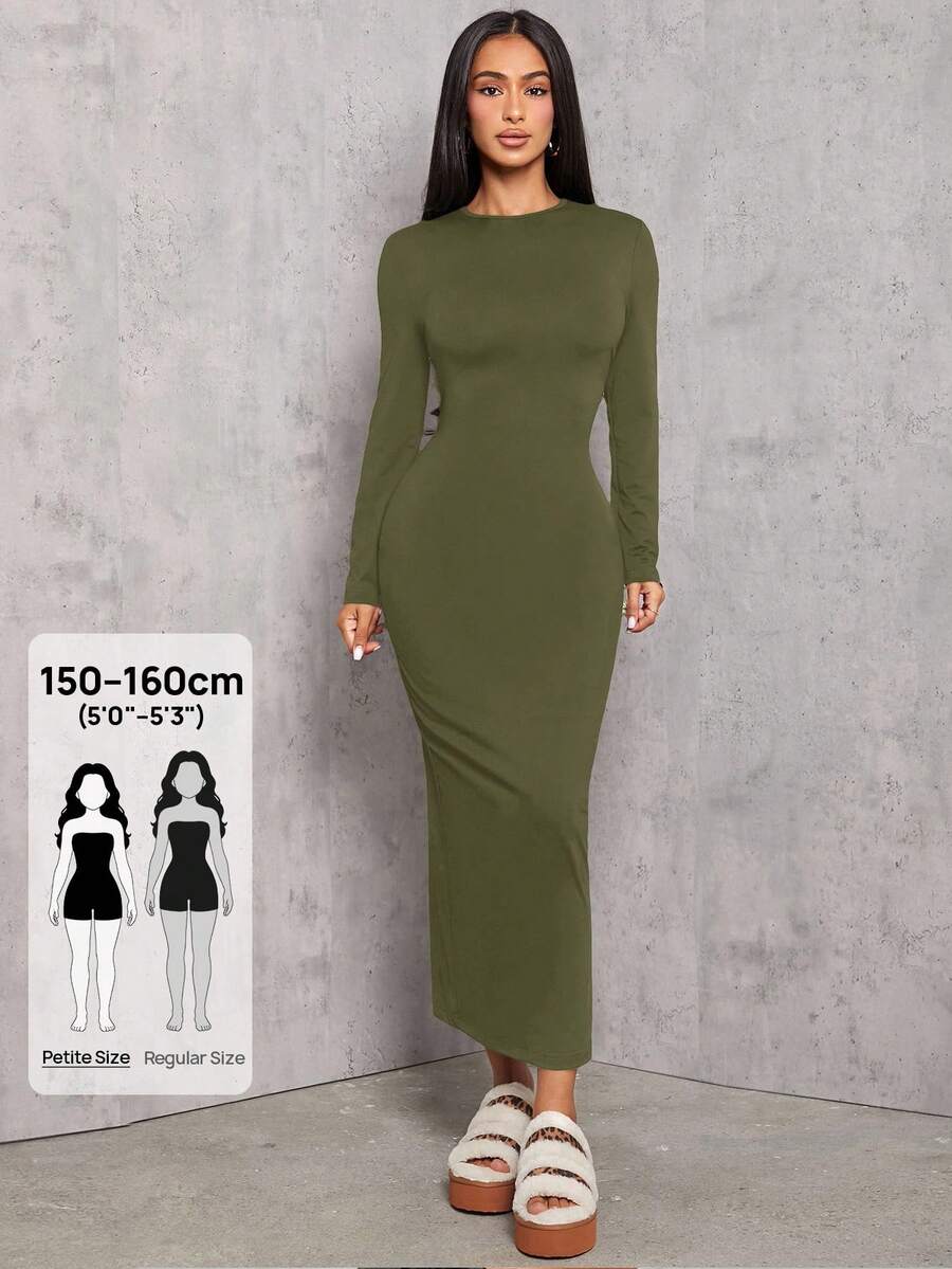 SHEIN PETITE Solid Color Pleated Waist Black Long Sleeve Dress ,Petite Women - Army Green - View 1