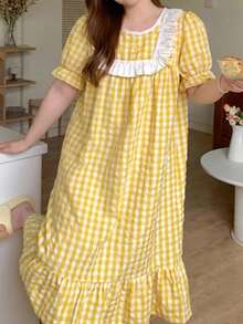 Dazy Plus Cute Patchwork Frill Trim Loose Plaid Yellow Spring Summer Autumn Home Wear Long Nightgown - Yellow - View 4
