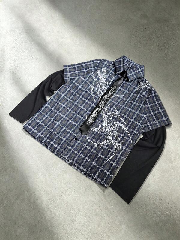ROMWE MEN Street Life Men's Single-Breasted Plaid Shirt With Faux Tie